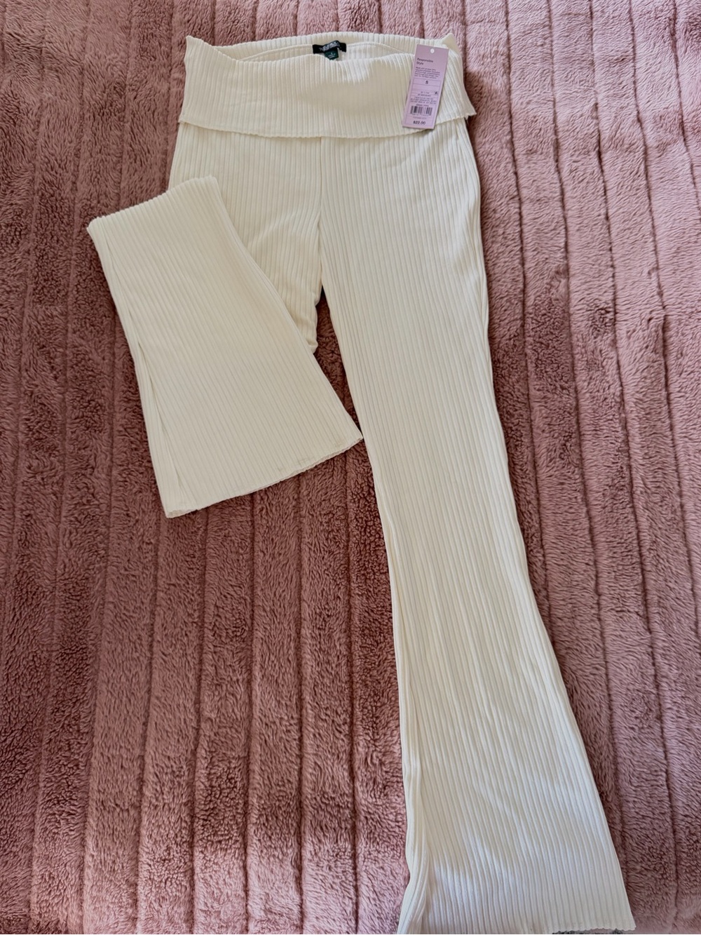 Ribbed Fold-Over Waist Wide-Leg Pants - White